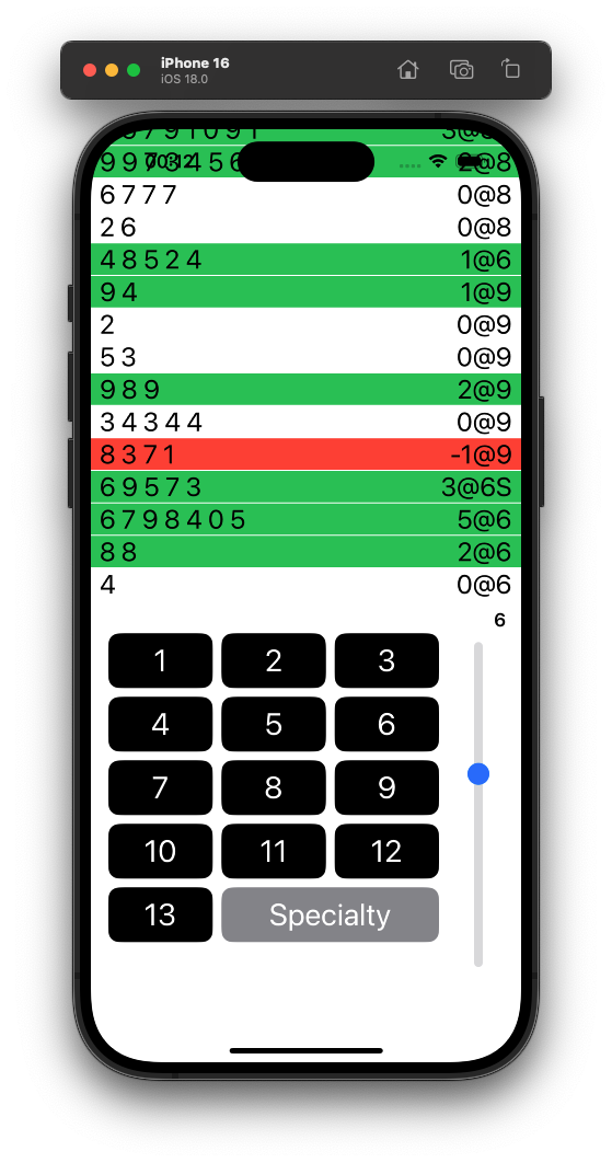 A dice-pool app showing successes in green and a botch in red.